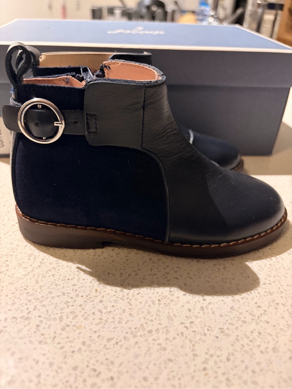 Jacadi Navy Leather and Suede Ankle Boots with Silver Buckle Accent